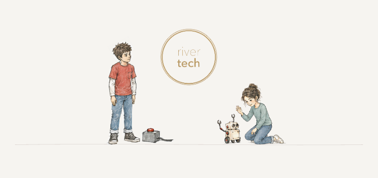 An illustrated boy and girl with a robot, beside the River Tech logo