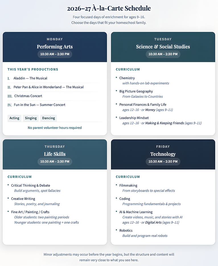 2026-27 À-la-Carte Schedule — Monday: Performing Arts, Tuesday: Science & Social Studies, Wednesday: Life Skills, Thursday: Technology