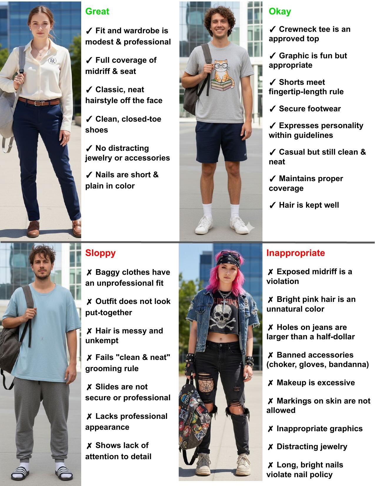 River Tech School Dress Code. Great: modest and professional, full coverage of midriff and seat, classic neat hairstyle, clean closed-toe shoes, no distracting jewelry, short plain nails. Okay: crewneck tee, appropriate graphic, shorts meeting fingertip-length rule, secure footwear, casual but clean and neat, proper coverage, hair kept well. Sloppy: baggy clothes, outfit not put-together, messy hair, slides, lack of professional appearance. Inappropriate: exposed midriff, unnatural hair color, ripped jeans with holes larger than a half-dollar, banned accessories (chokers, gloves, bandanas), excessive makeup, markings on skin, inappropriate graphics, distracting jewelry, long or brightly colored nails.