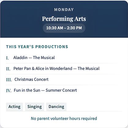 Monday Performing Arts Schedule