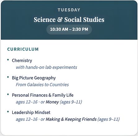 Tuesday Science & Social Studies Schedule